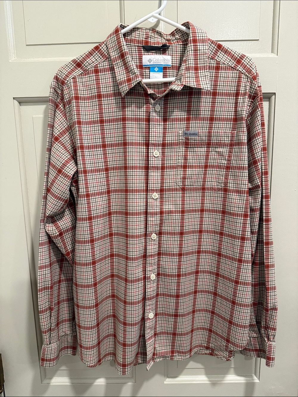 Columbia Sportswear Men's Plaid Long Sleeve Button Down Shirt Red Cream Sz Large